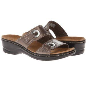 Clarks Lexi Willow Slide Sandals Size 9 in Bronze Pewter Wedge Leather Comfort